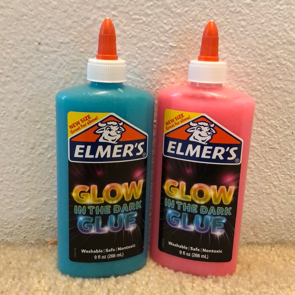 pink and blue glow in the dark elmer’s glue !!
